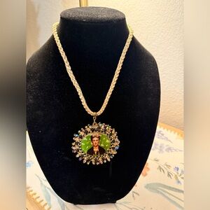 Frida Kahlo Gold Pendant Necklace with Colorful Beads